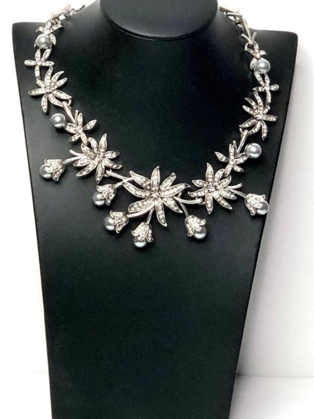 Crystal Floral Statement Necklace - Silver and Grey Pearls